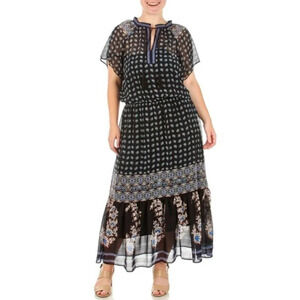 Taylor Black Blue Printed Chiffon Maxi Dress Size M